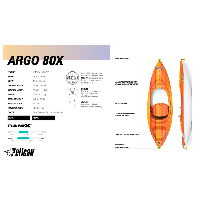 Pakiet: Kajak Argo 80x marki Pelican z wiosłem rozkładanym